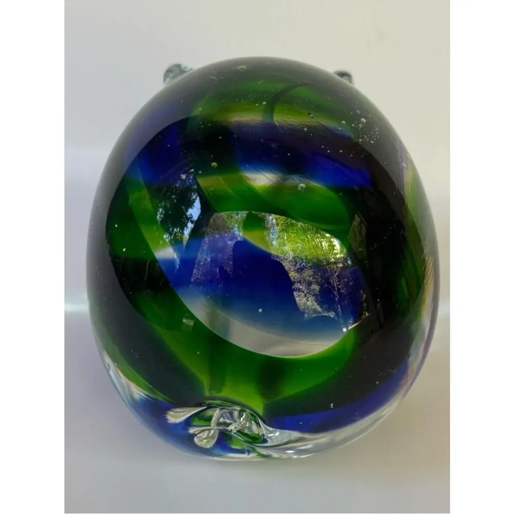 Vintage Murano Glass Pig Paperweight with Blue and Green Ribbon Motif